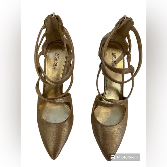 🆕 Michael Kors Catia Gold Metallic Leather Strappy Heels - 7.5 - Picture 2 of 6